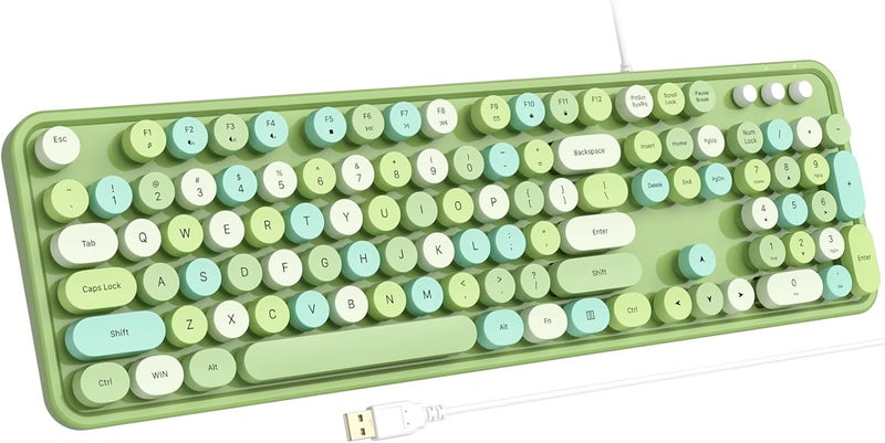 Atelus Computer Keyboard Wired, Typewriter Style, Plug Play USB Keyboard with Large Number Pad, Caps Indicators, Foldable Stands, Full Size Wired Keyboard for Windows PC Laptop (Green Colorful) - Image 1